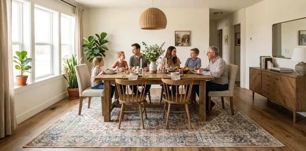 Beautiful stylish dining room featuring a patterned washable rug under a wooden table