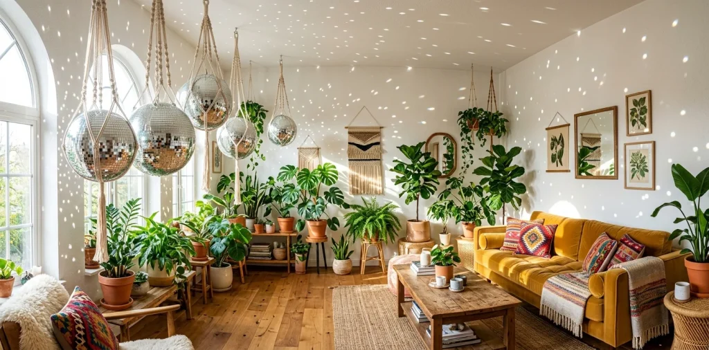 Stylish bohemian living room featuring several hanging disco ball planters scattering light across the walls.