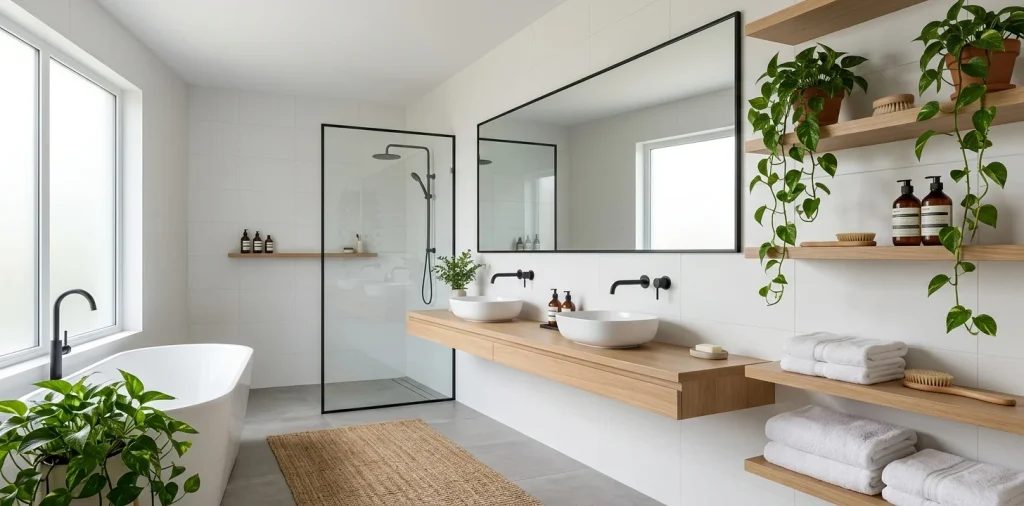 Wide view of a pristine Scandinavian bathroom featuring natural oak floating shelves and matte white minimalist decor.