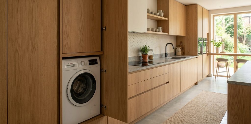Modern kitchen with hidden washing machine seamlessly integrated into natural oak cabinetry.