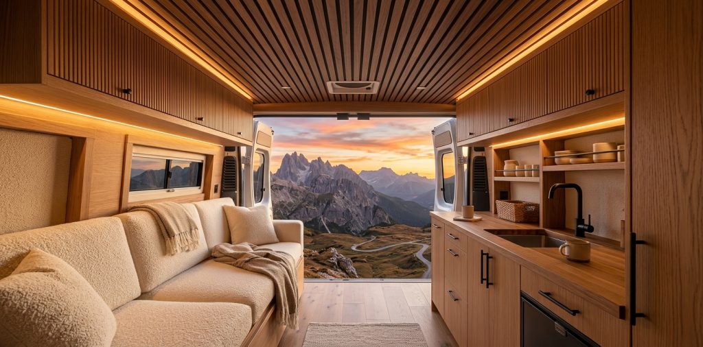 Luxury custom van interior featuring slatted wood ceiling, boucle seating, and mountain views at sunset