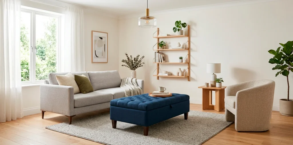Modern minimalist living room featuring a large arc floor lamp over a cream sofa