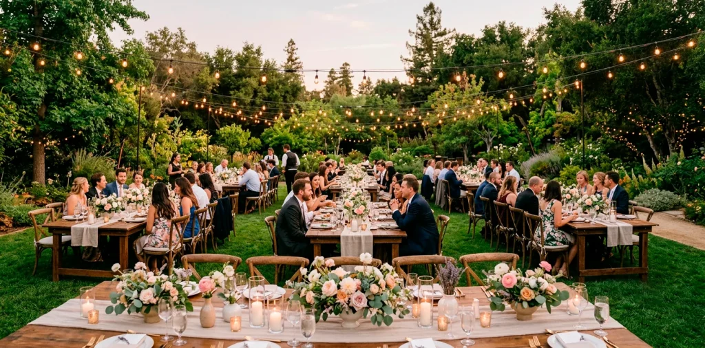 Lush floral arrangements scattered across a rustic backyard wedding reception with warm string lights.