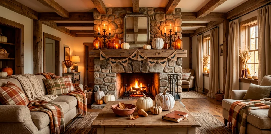 Rustic farmhouse living room decorated for Halloween with white pumpkins, amber glass, and vintage iron candelabras