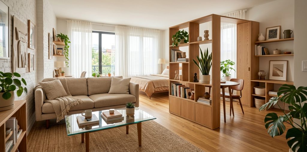 Beautifully decorated and functional sunlit studio apartment interior