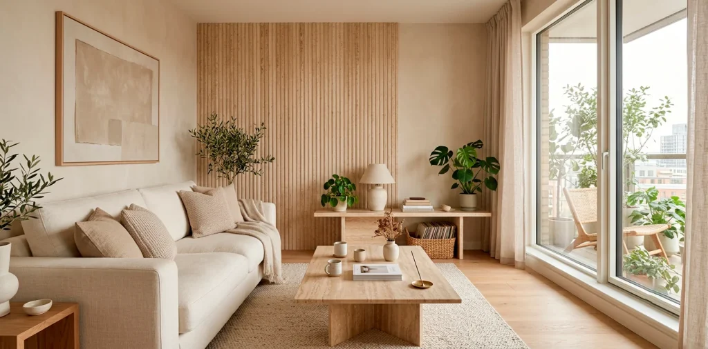 A cozy minimalist living room showcasing earthy travertine stone furniture and warm neutral tones.