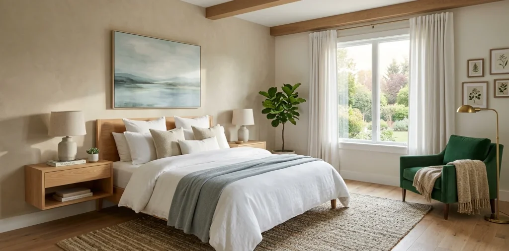 Beautifully styled guest bedroom with crisp white bedding, velvet reading chair, and warm morning light