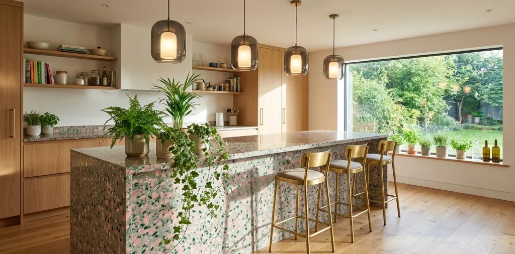 Stunning modern kitchen featuring a vibrant terrazzo island bar counter with brass stools and natural sunlight.