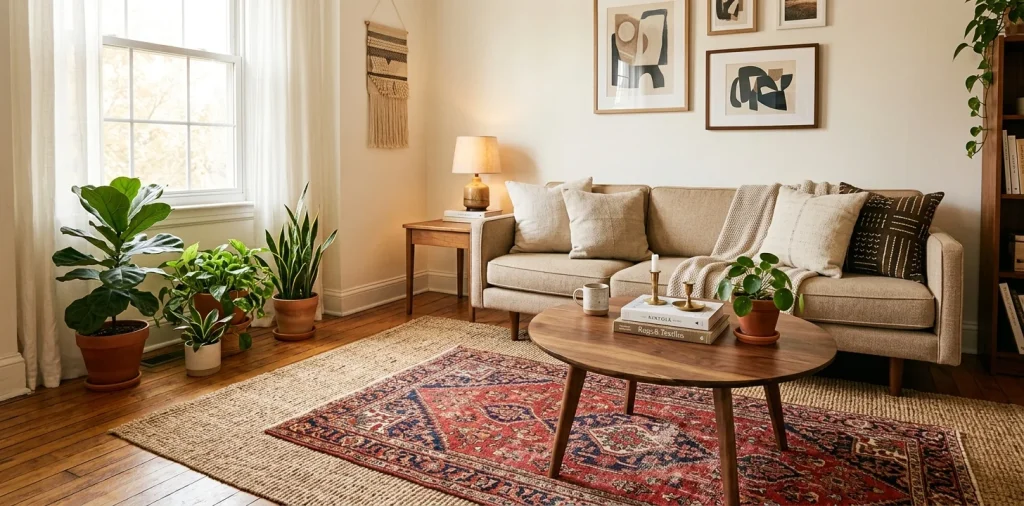 Cozy small living room with layered vintage Persian rug over a natural jute base rug under a mid-century sofa
