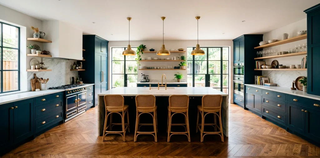Classic navy blue kitchen cabinets with polished brass hardware and white marble counter