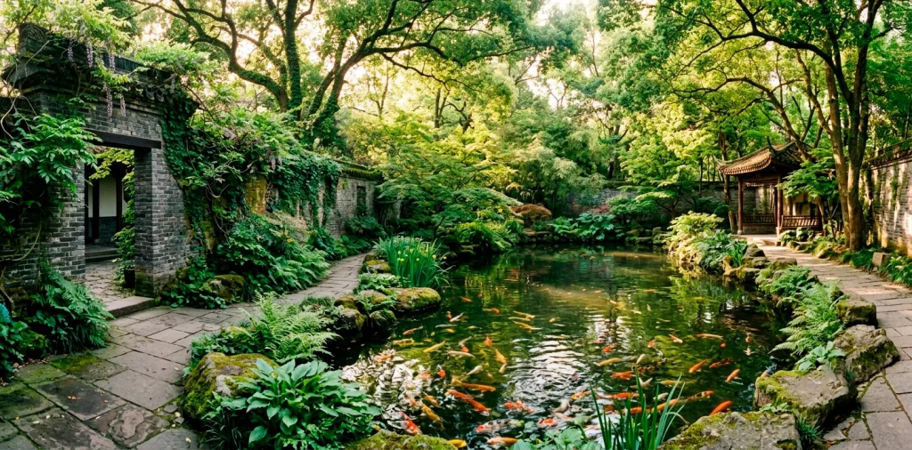 A beautifully landscaped hidden koi pond inside a lush walled garden sanctuary