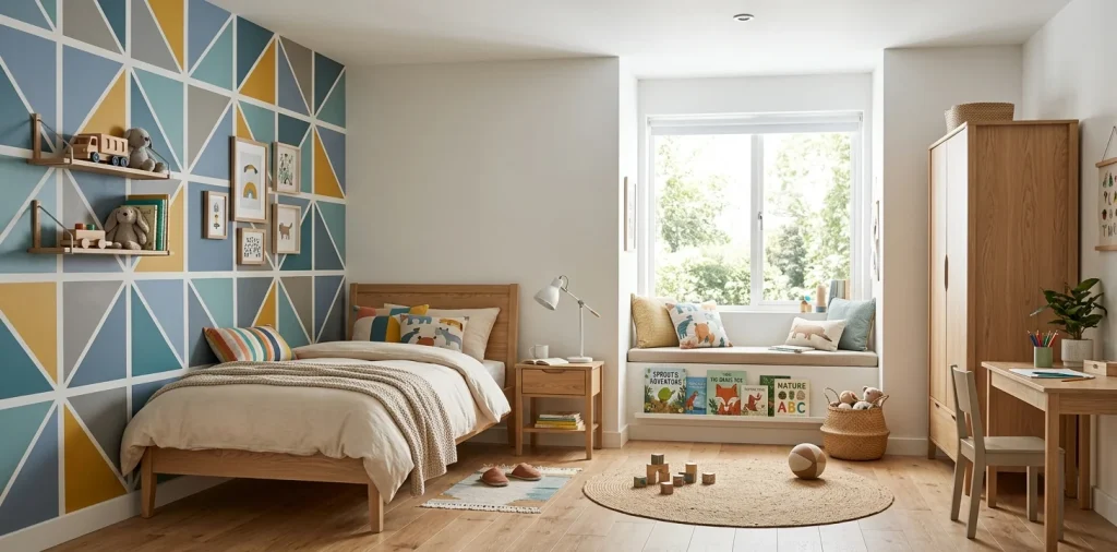Modern kids bedroom featuring a stylish geometric grid wallpaper accent wall and wooden furniture.