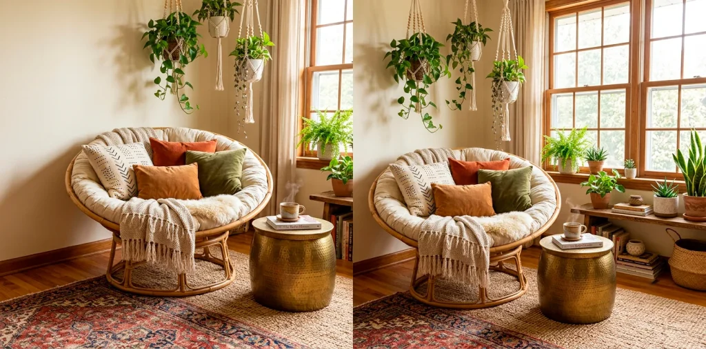 Wide view of a cozy layered boho reading nook with a rattan chair, vintage rugs, and trailing indoor plants.