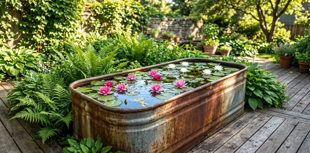 A beautiful galvanized stock tank water lily garden blooming with pink and white flowers on a sunny backyard patio deck.