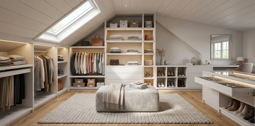 Beautifully organized attic wardrobe with custom slanted shelving and warm lighting