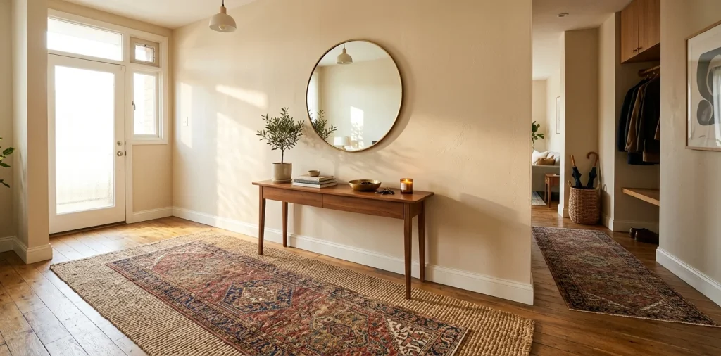 Small apartment entryway featuring perfectly layered rugs with a natural jute base and vintage Persian top rug.