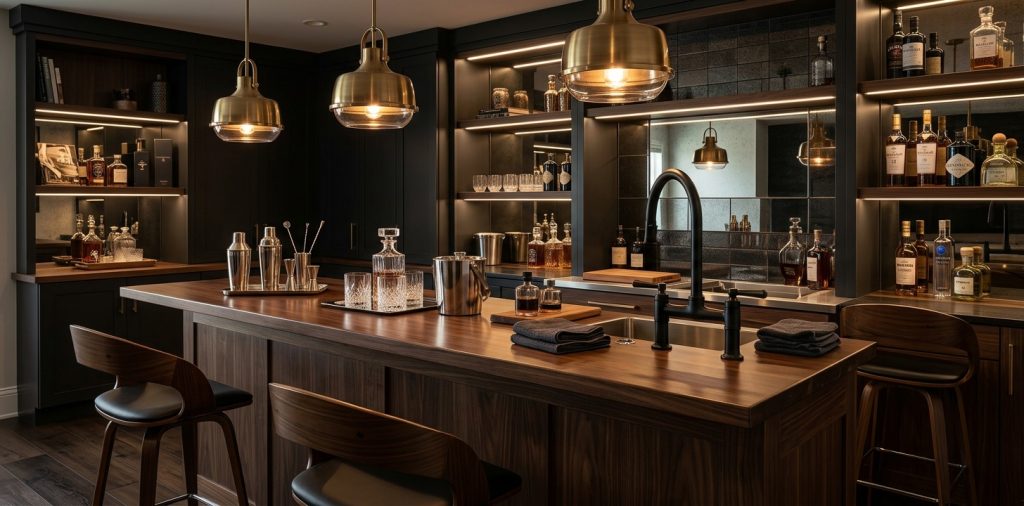 Modern home bar featuring a stylish mix of brushed brass, matte black, and polished nickel metal finishes