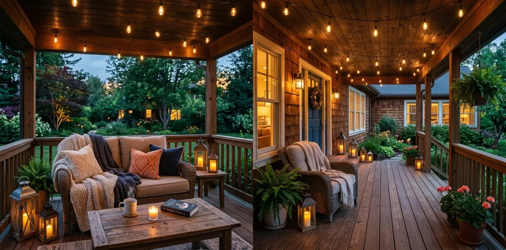Cozy evening front porch styled with glowing string lights across the ceiling and oversized lanterns on the wooden floor.