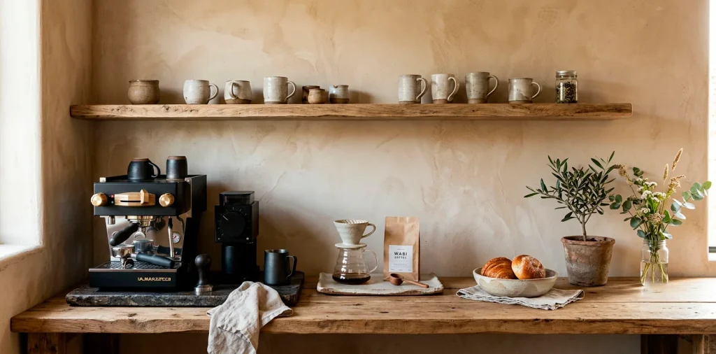 Wide horizontal view of a wabi-sabi coffee bar featuring raw wood shelving, textured walls, and natural ceramic mugs.