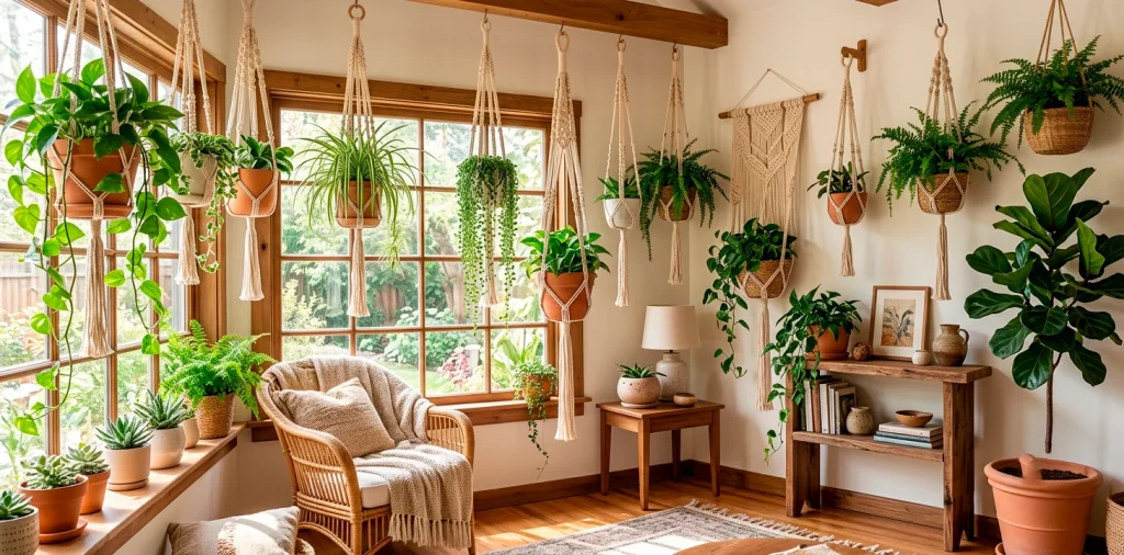 Beautifully styled indoor jungle featuring hanging macrame plant holders in a sunlit room.