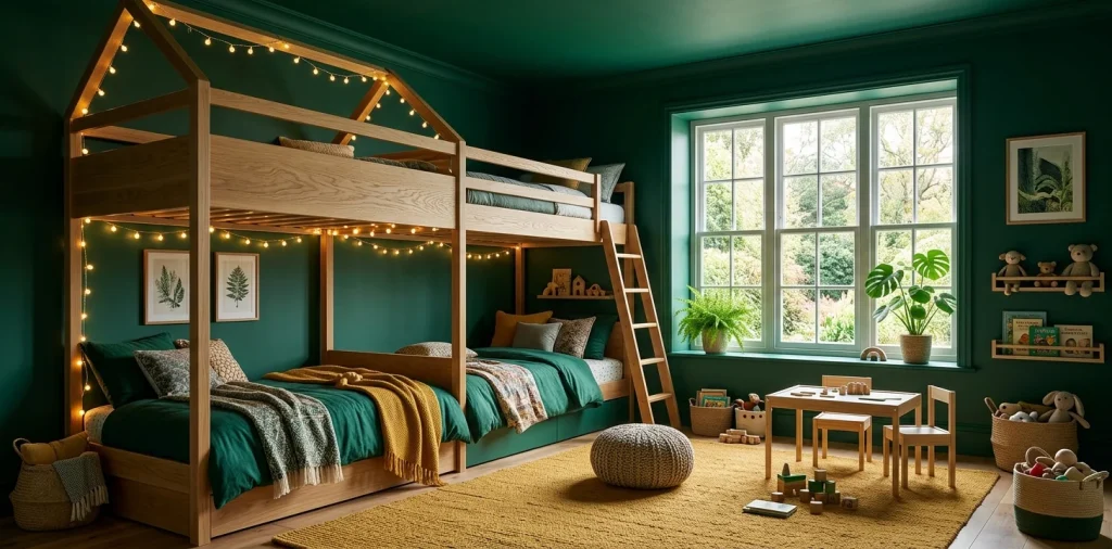 Cozy kids bedroom painted in deep emerald green with natural wood accents and warm lighting