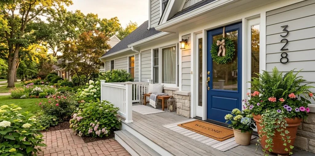 Freshly painted navy blue front door with modern house numbers and layered welcome mats on a sunny porch.