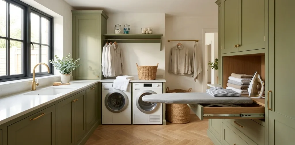 Beautiful modern laundry room with olive green cabinets and a partially revealed hidden ironing board drawer