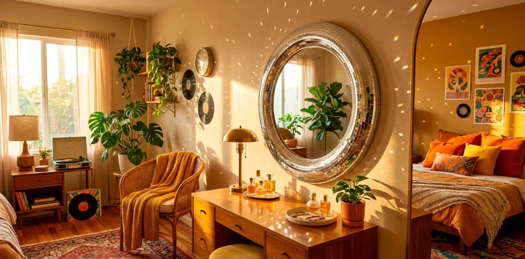 Retro bedroom featuring a large vanity mirror decorated with disco ball tiles reflecting light across the walls.