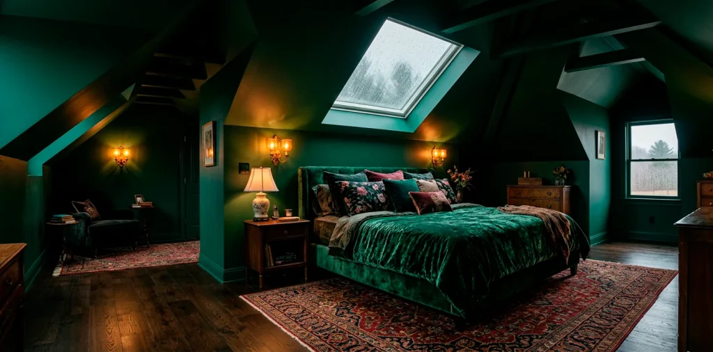 Moody emerald green attic bedroom featuring sloped ceilings, a velvet bed, and glowing sconces.