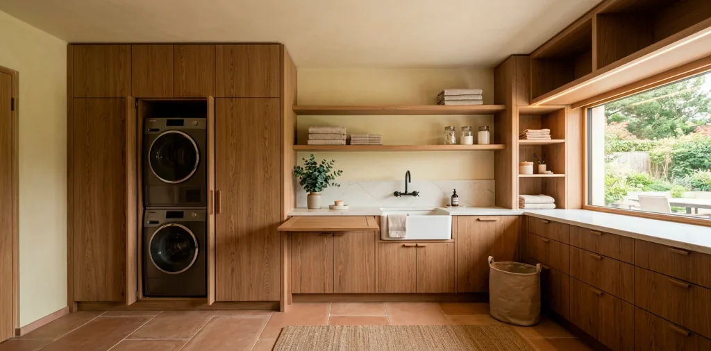 Modern custom oak cabinetry hiding stacked washer and dryer in a seamless stylish laundry room interior.