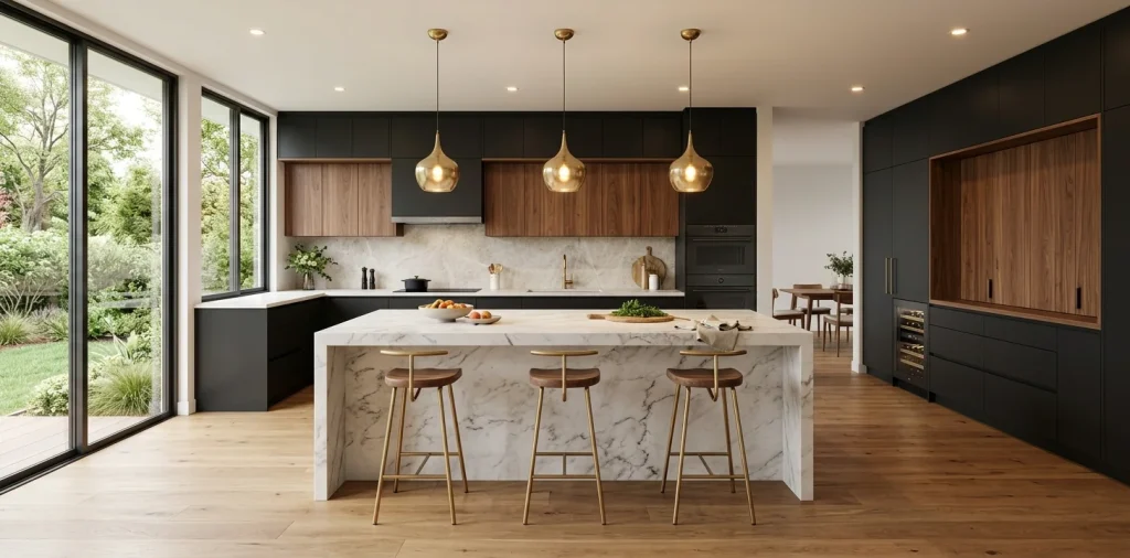 Modern luxury kitchen featuring gorgeous two-tone matte black and walnut wood cabinets with a large marble island.