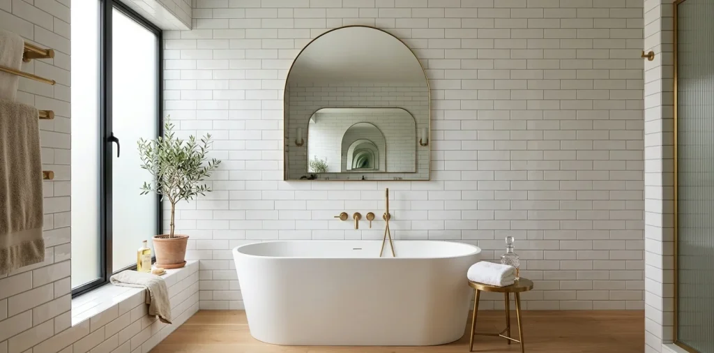 A luxurious bathroom interior featuring vertical white subway tiles that create the illusion of high ceilings.
