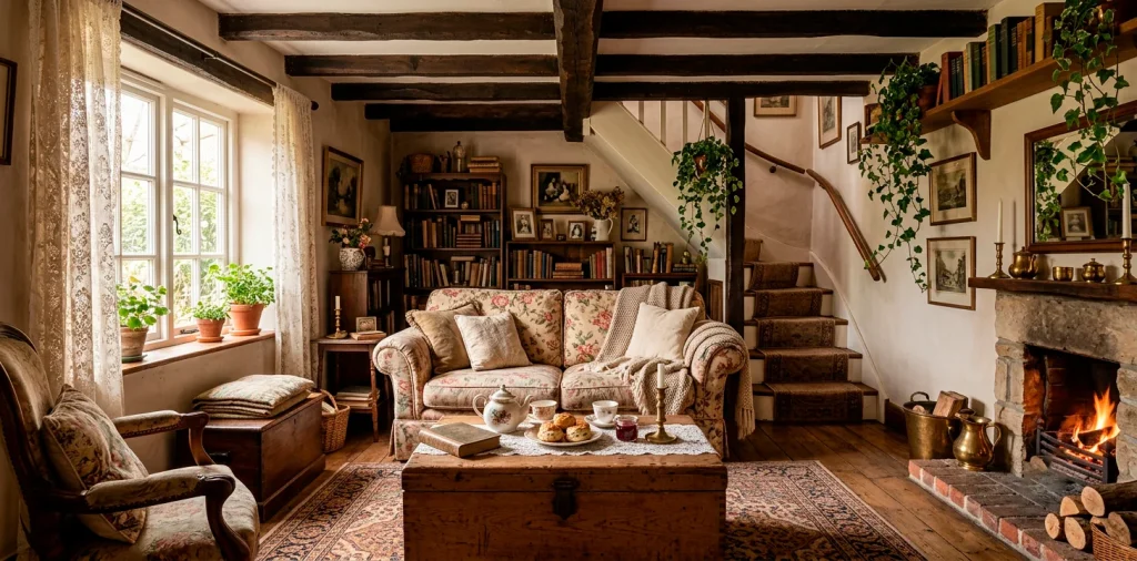 Cozy small living room decorated in rustic English cottagecore style with exposed beams and floral sofa.