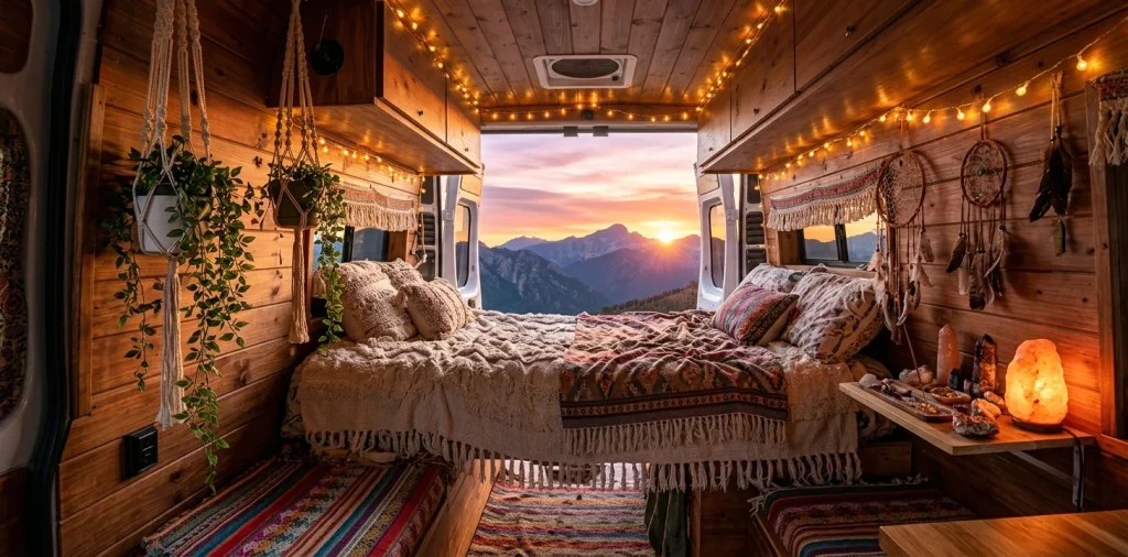 Wide view of a bohemian camper van interior decorated with macrame, plants, and string lights at sunset
