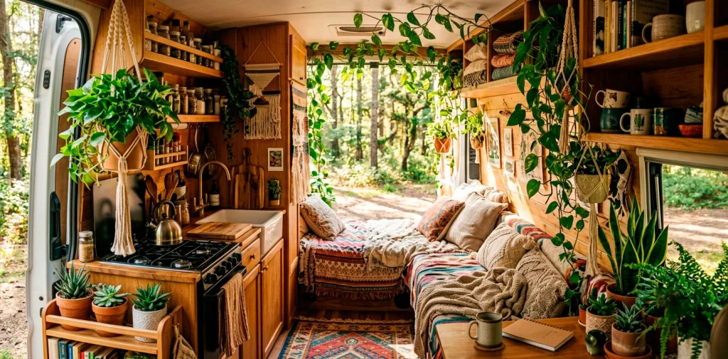 Cozy interior of a camper van filled with hanging plants, succulents, and warm sunlight shining on wooden cabinets.