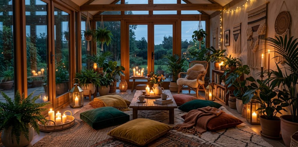 Cozy sunroom at night decorated with glowing candles and lush plants