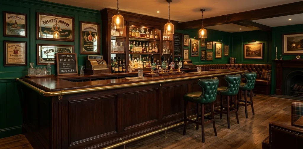 Cozy basement English pub home bar with dark mahogany wood, leather stools, and ambient lighting