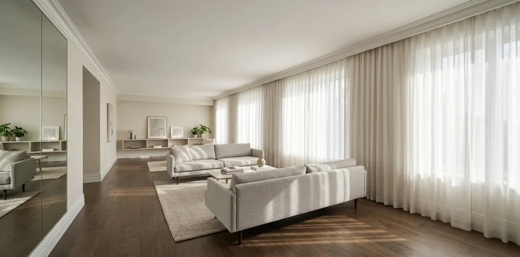 Modern apartment living room with floor-to-ceiling curtains making low ceilings look higher.