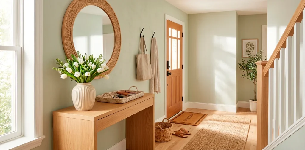Bright and airy spring entryway decor featuring a light oak console table, round rattan mirror, and fresh tulips in a ceramic vase.