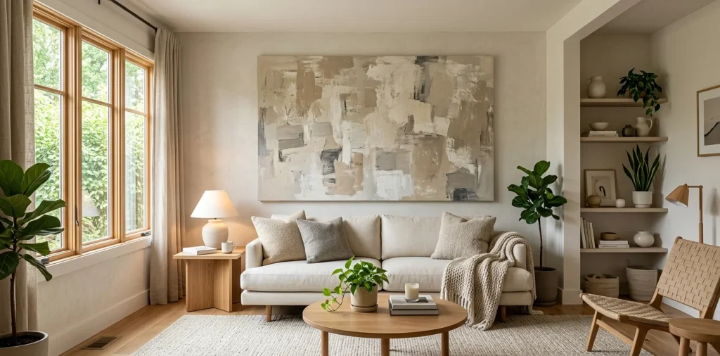 Large abstract art canvas hanging over a modern cream sofa in a small living room