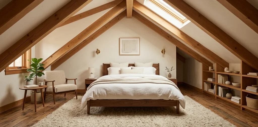 Modern cozy attic bedroom featuring a stylish wooden low profile bed beneath a large skylight.