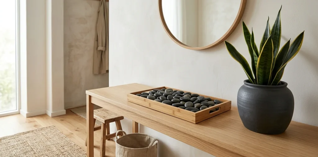 A minimalist Japandi style entryway featuring a bamboo tray filled with black river pebbles and a potted snake plant.