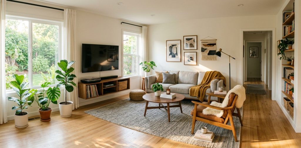Small living room with floating furniture arranged neatly on an anchor rug with warm lighting.