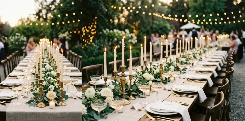 Vintage brass candlesticks and crystal glassware on a romantic wedding reception table
