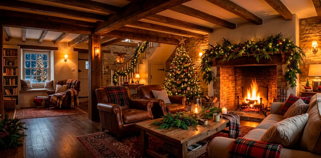 Cozy farmhouse holiday living room with raw wood beams and fresh evergreen decor