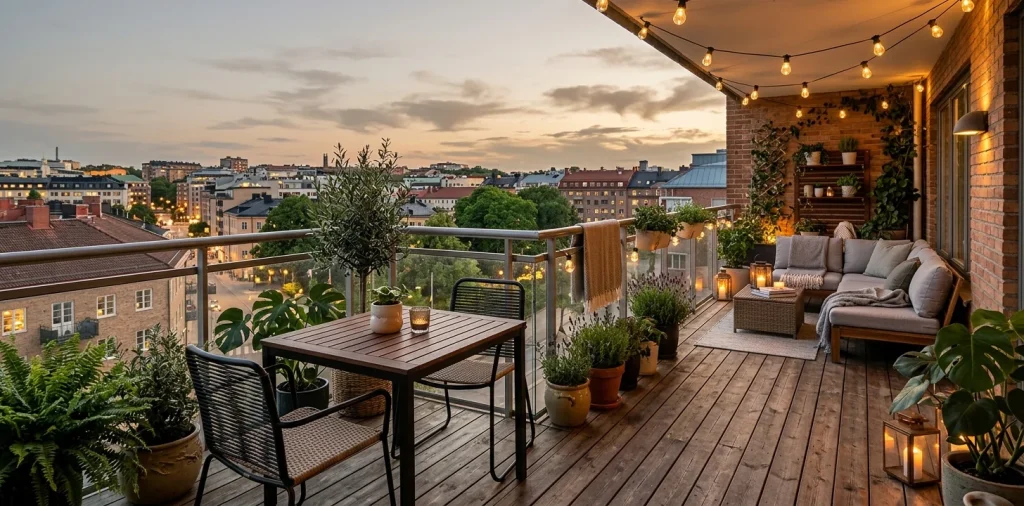 A beautifully arranged long rectangular balcony featuring modern outdoor furniture, warm string lights, and lush potted plants.