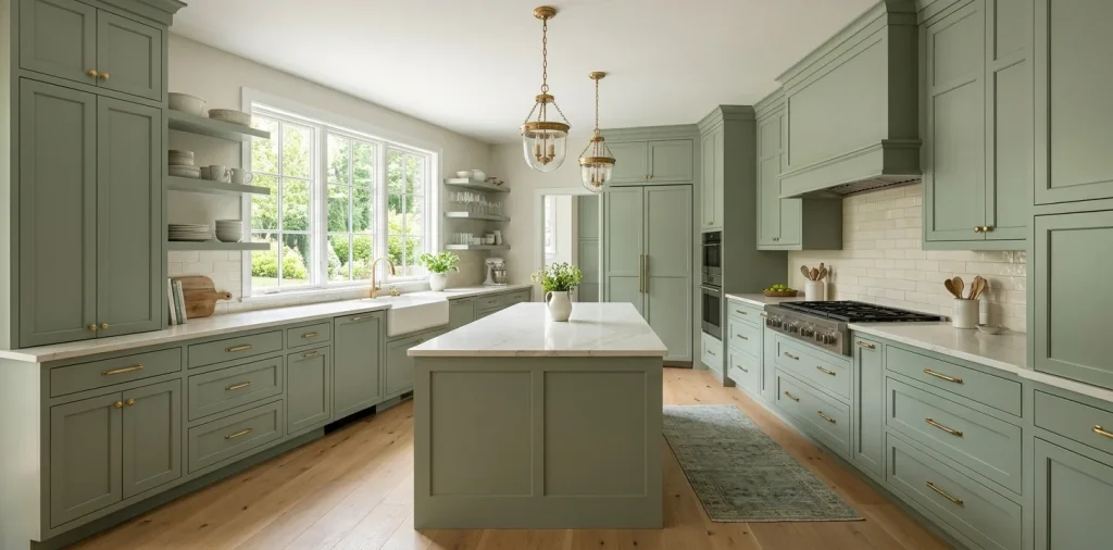 Wide view of a beautiful transitional kitchen featuring sage green shaker cabinets and brass hardware