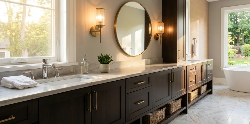 Luxurious transitional bathroom featuring a mix of chrome faucets and brass sconces over a dark vanity.