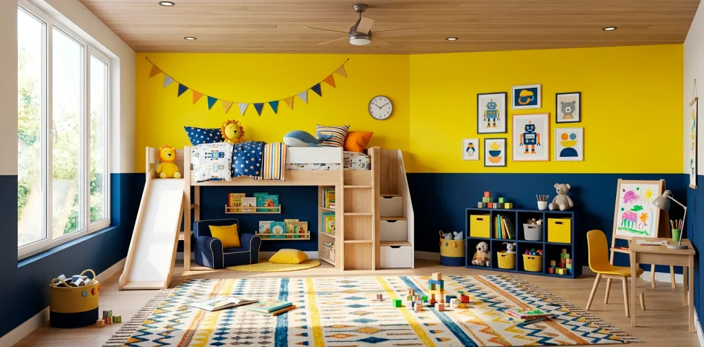 Dynamic kids bedroom featuring high contrast navy blue and electric yellow walls with modern furniture