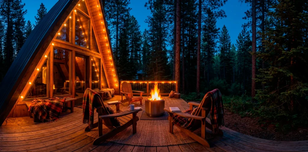 Beautiful rustic A-frame cabin porch at twilight with glowing lights and cozy outdoor seating.